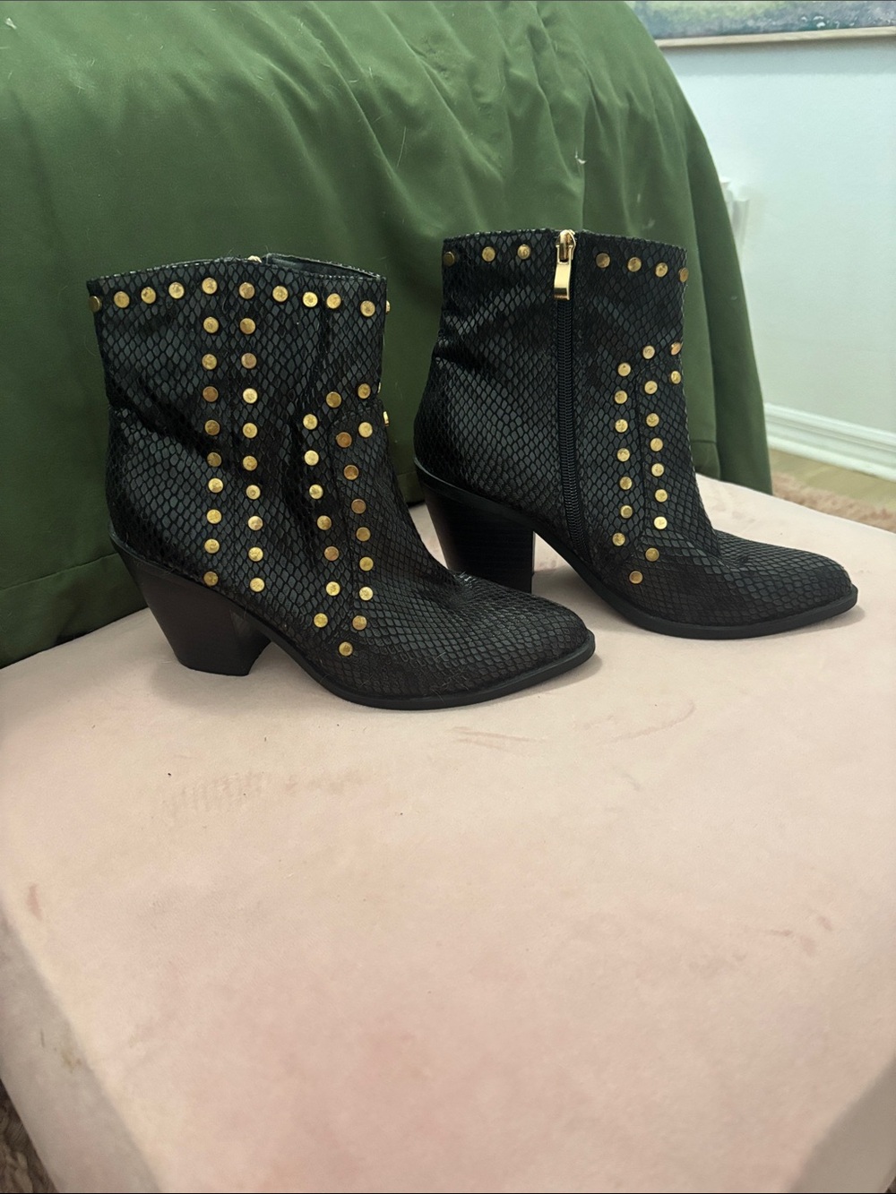 Black Textured Ankle Booties with Gold Stud Accents